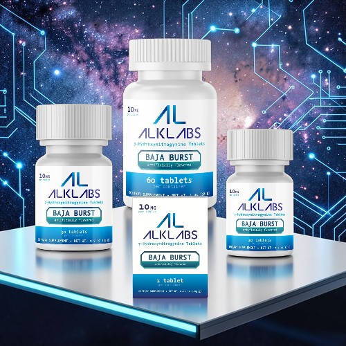 Three bottles of ALKLABS supplements on a futuristic background.