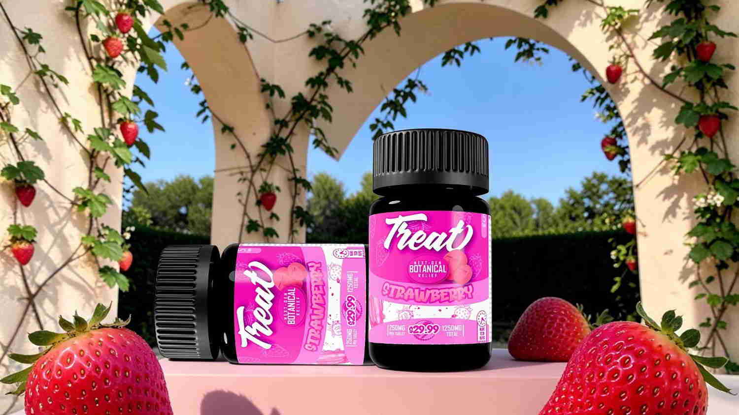 Bottles of pink supplement with strawberries in a garden setting.