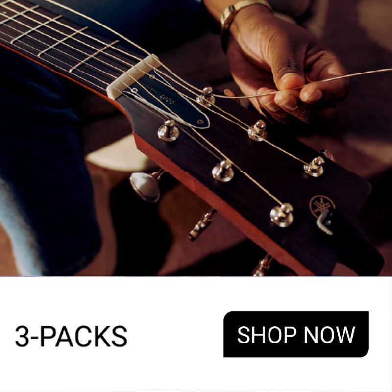Hand tuning a guitar with a text overlay promoting 3-packs.
