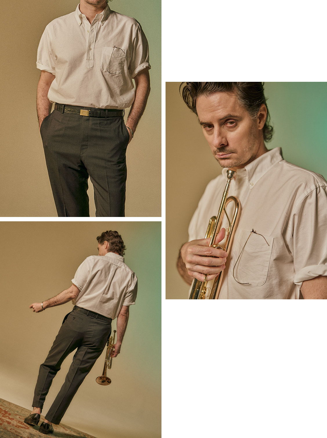A man in a white shirt holding a trumpet, posed in three shots.