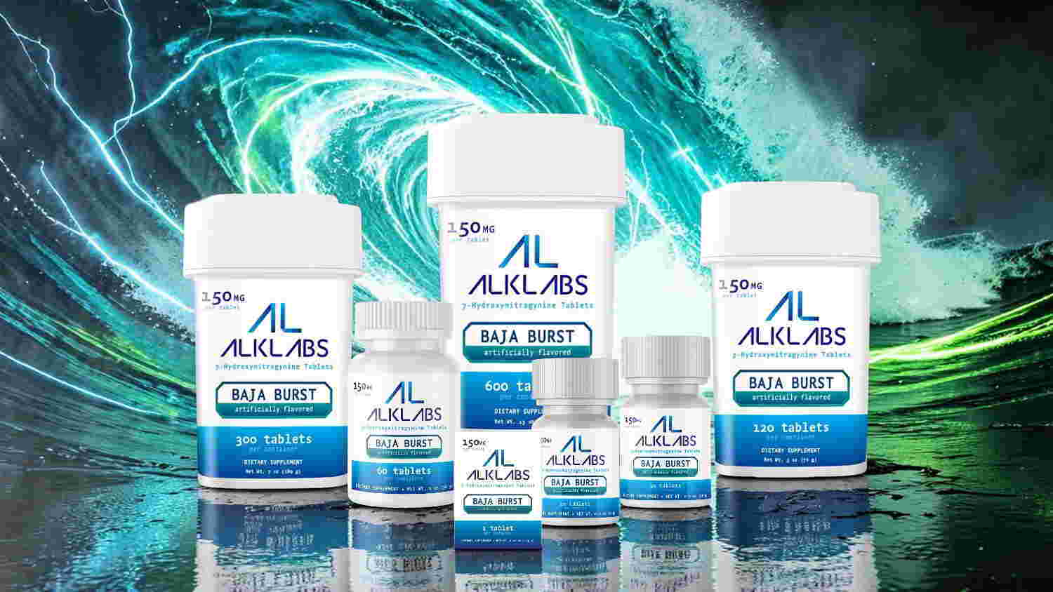 Various health supplement bottles against a dynamic blue and green background.