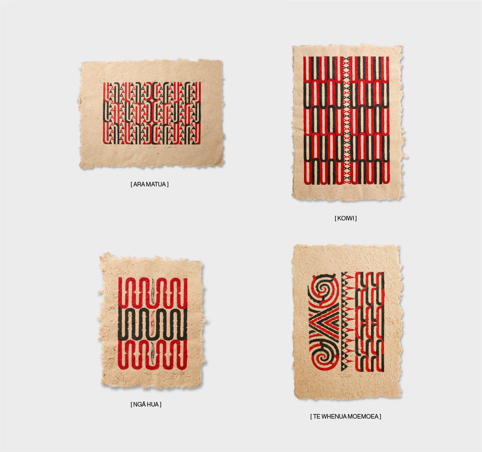Four patterned artworks in red and black on textured paper.