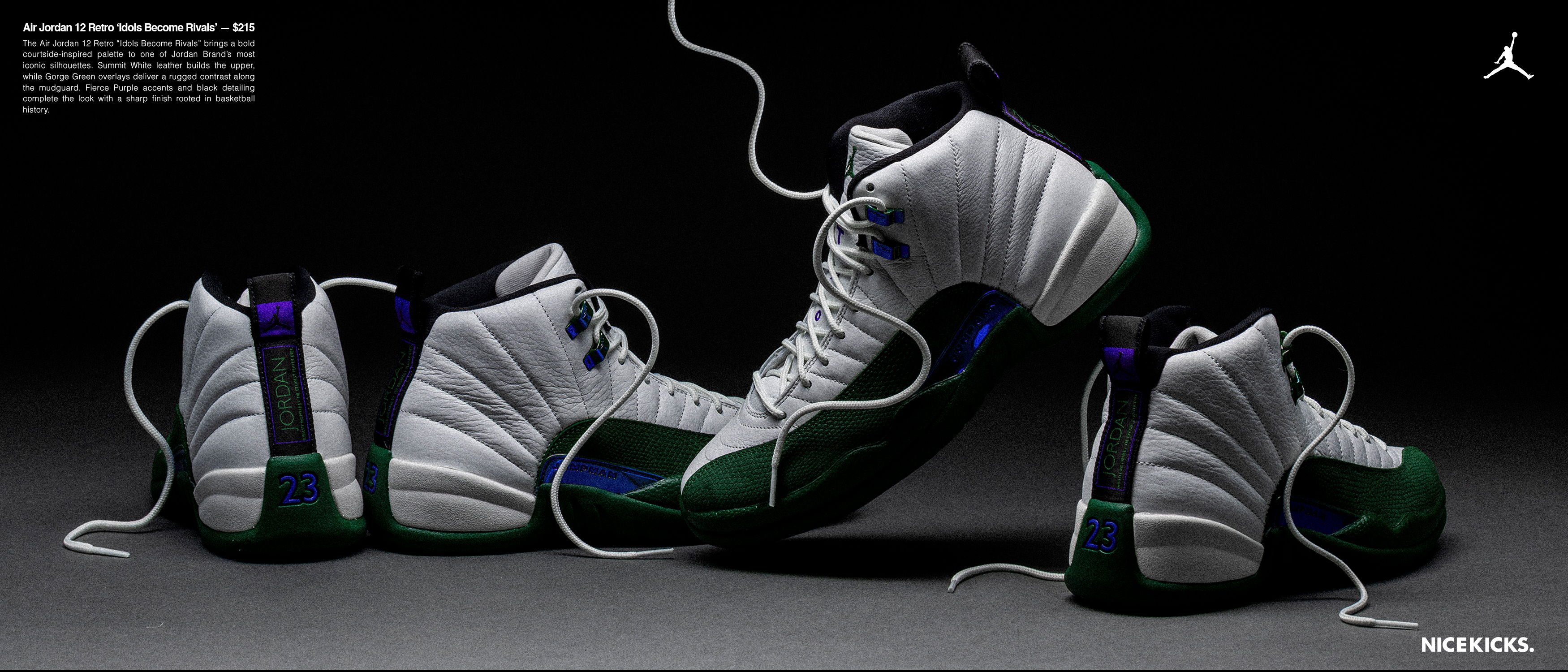 Four pairs of stylish sneakers on a dark background.