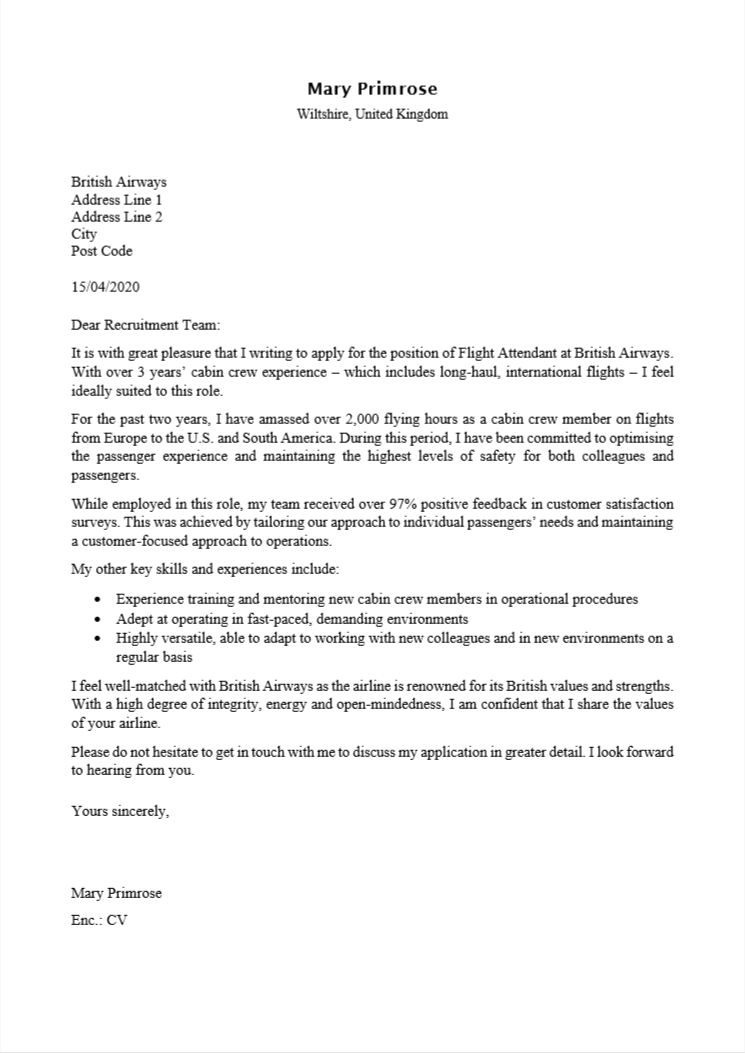 Flight Attendant Cover Letter Sample