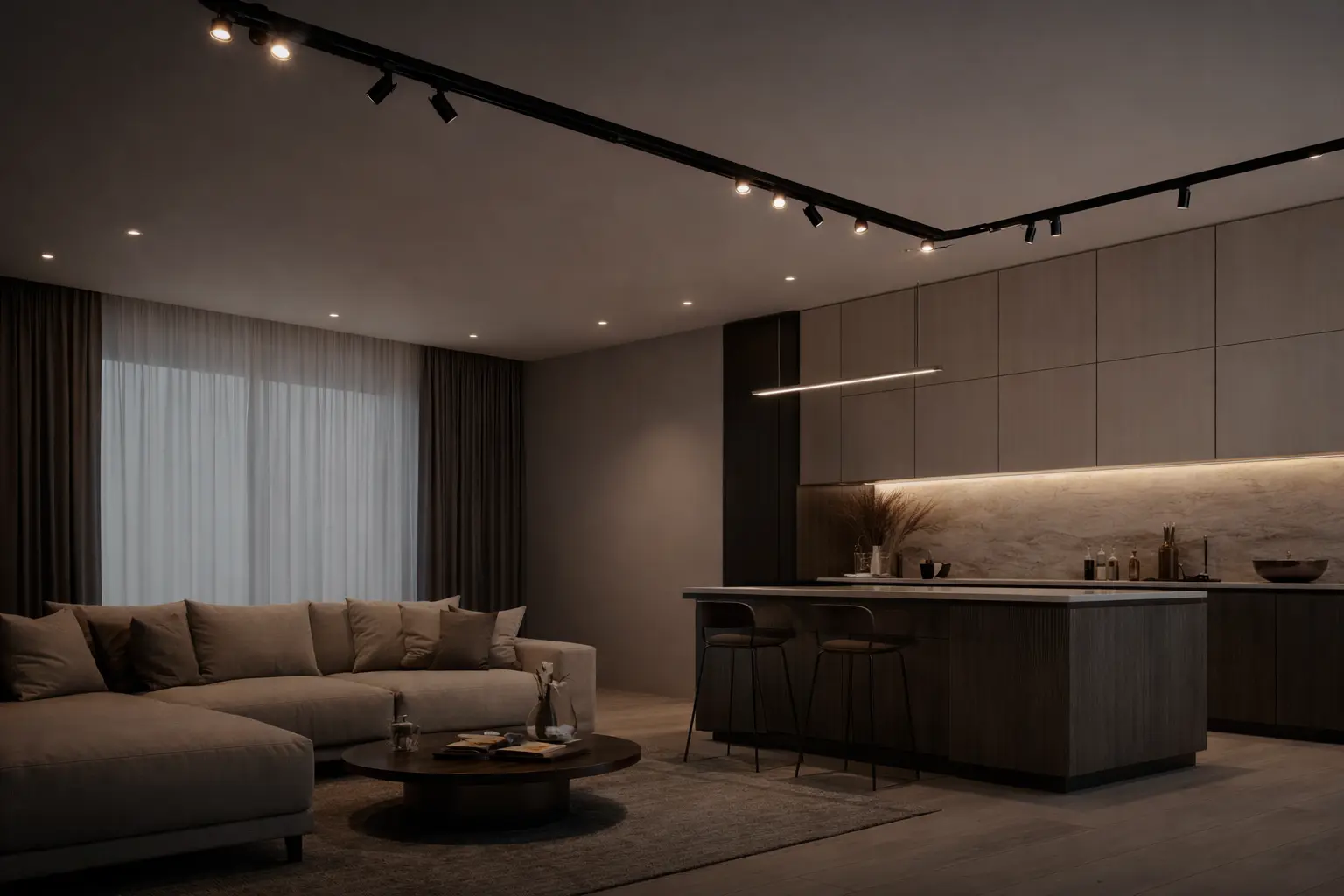 Sistema magnetico 48V con binario LED nero installato in un soggiorno moderno con illuminazione a binario