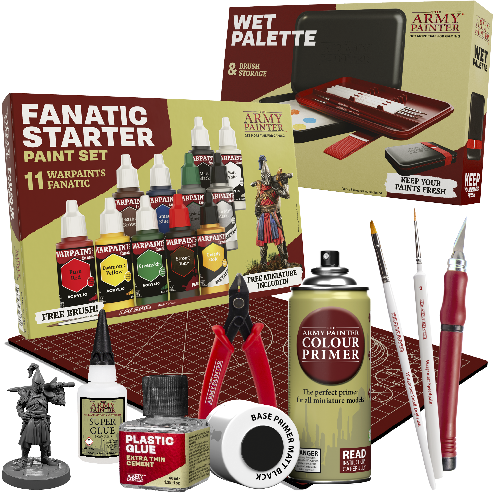 A collection of painting supplies including paints, tools, and palettes.