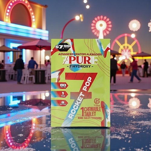 Colorful box of PUR Rocket Pop flavored products at a fairground.