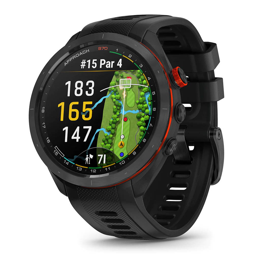 Black 47 mm Garmin Approach S70 golf watch with GPS distances to the green on the AMOLED display