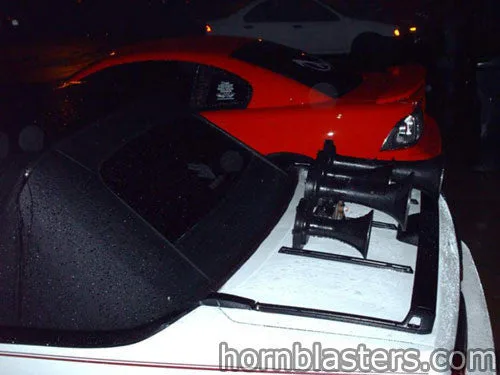 Wide exterior shot of Mike's Ford Mustang with Shocker XL train horn HornBlasters gallery photo 6