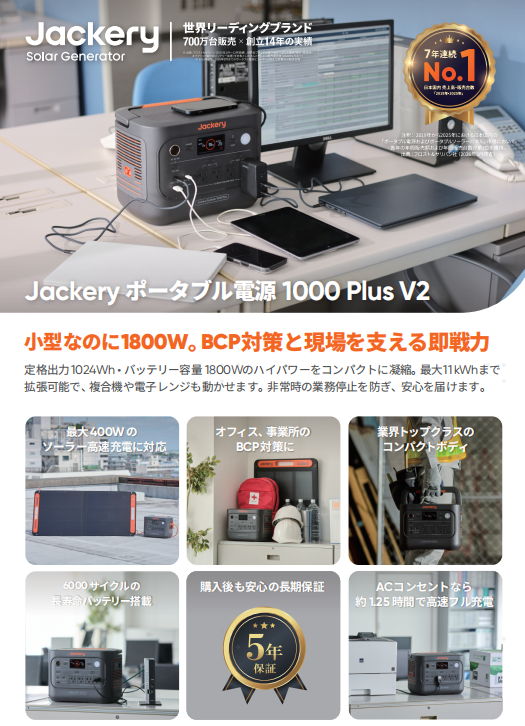 Jackery Portable Power Station 1000 Plus V2 promotional image with product details.