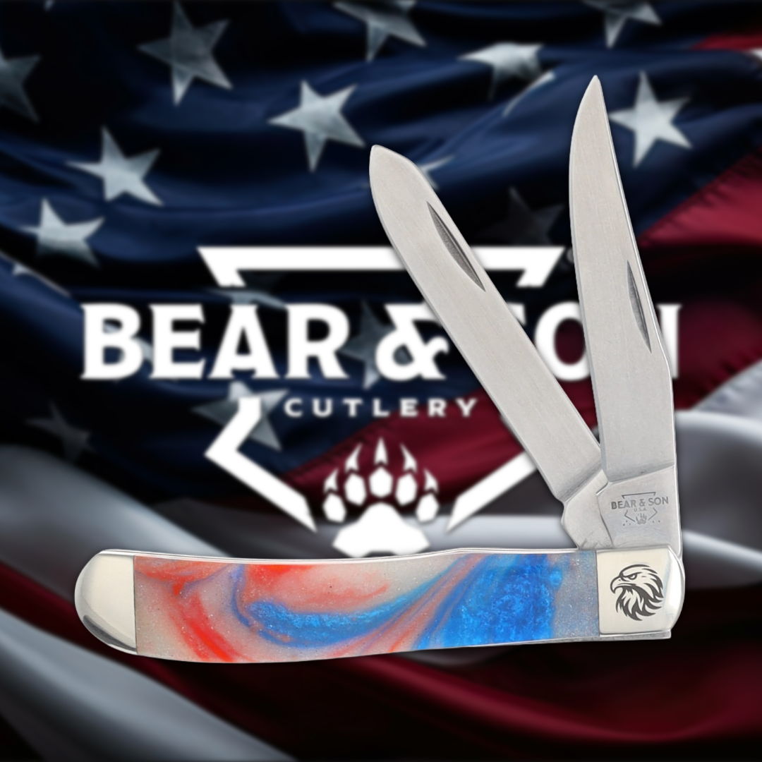 A pocket knife in front of an American flag background.