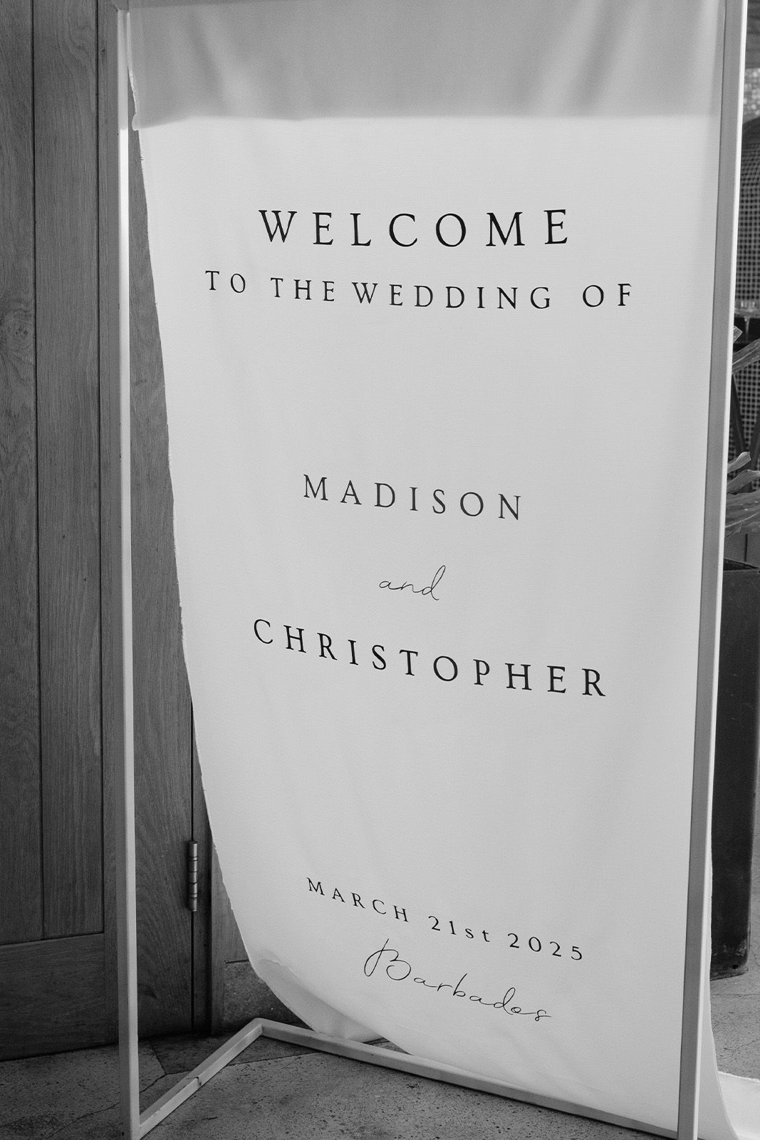 Welcome sign for the wedding of Madison and Christopher, March 31, 2023.