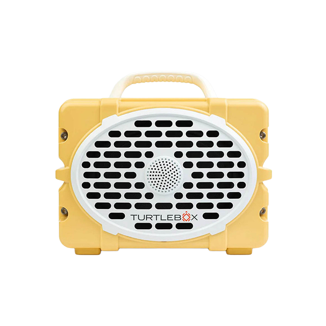 Yellow portable speaker with a white grille and handle.