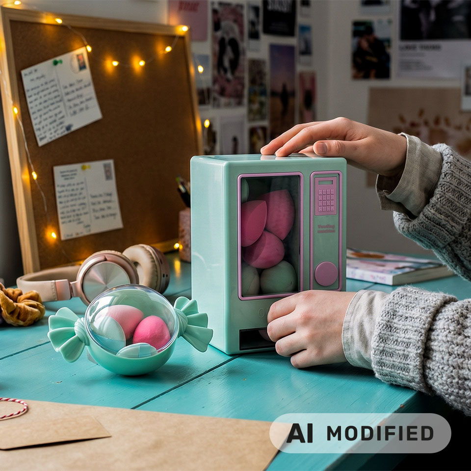 Une personne utilisant une machine aux couleurs pastel avec des œufs décoratifs sur une table.