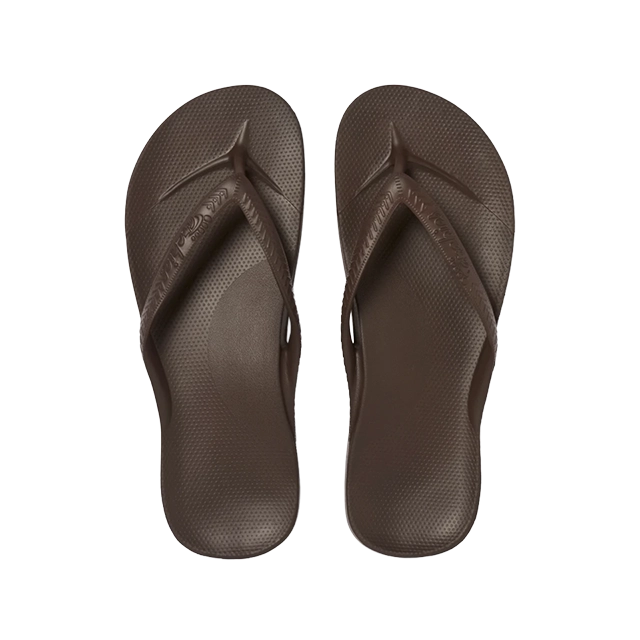 A pair of brown flip-flops on a white background.