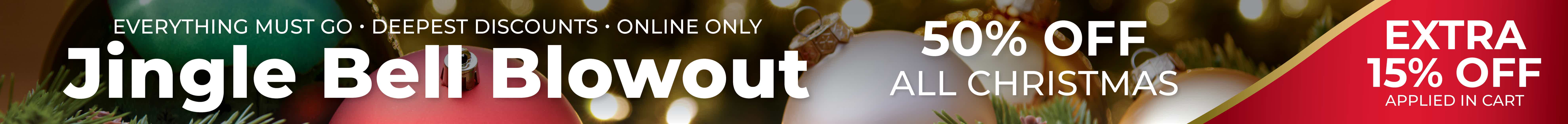 Jingle Bell Blowout promotional banner with holiday sale details.