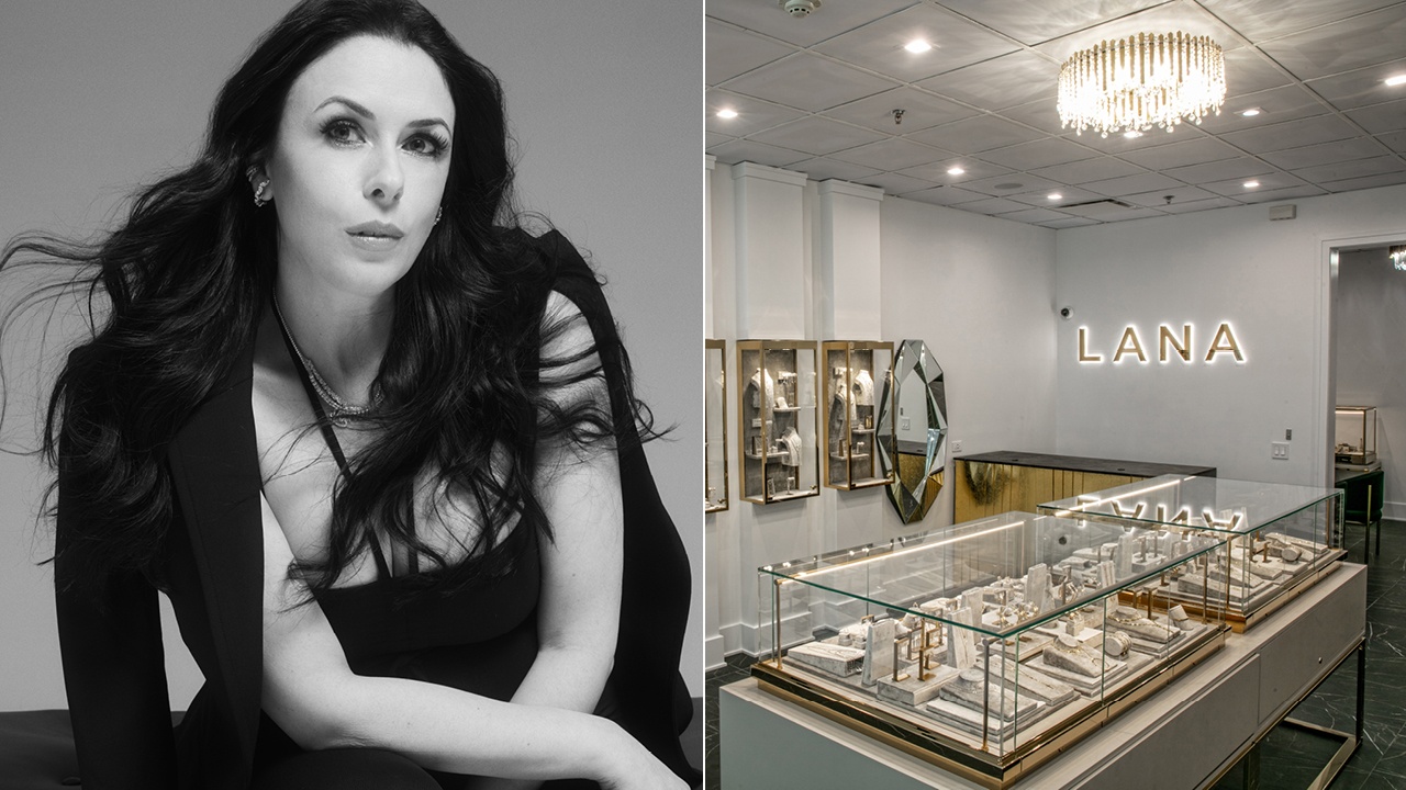 A portrait of a woman and a jewelry display in a store.