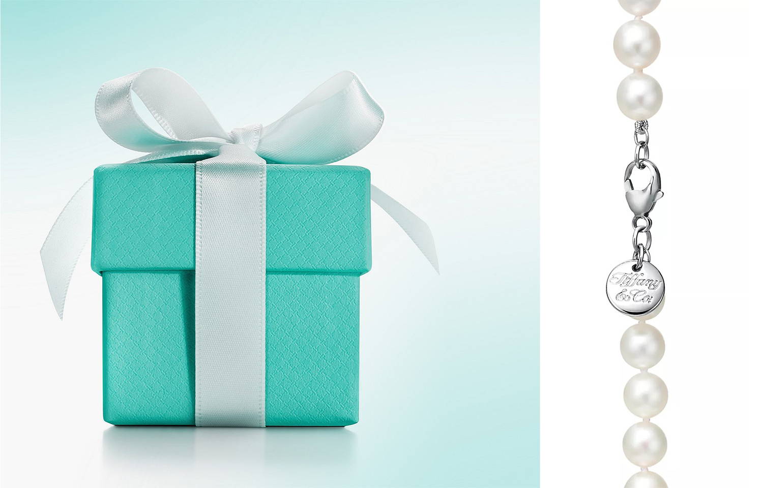 Tiffany and Company Blue Box with Pearl Necklace Engraved Clasp Close Up