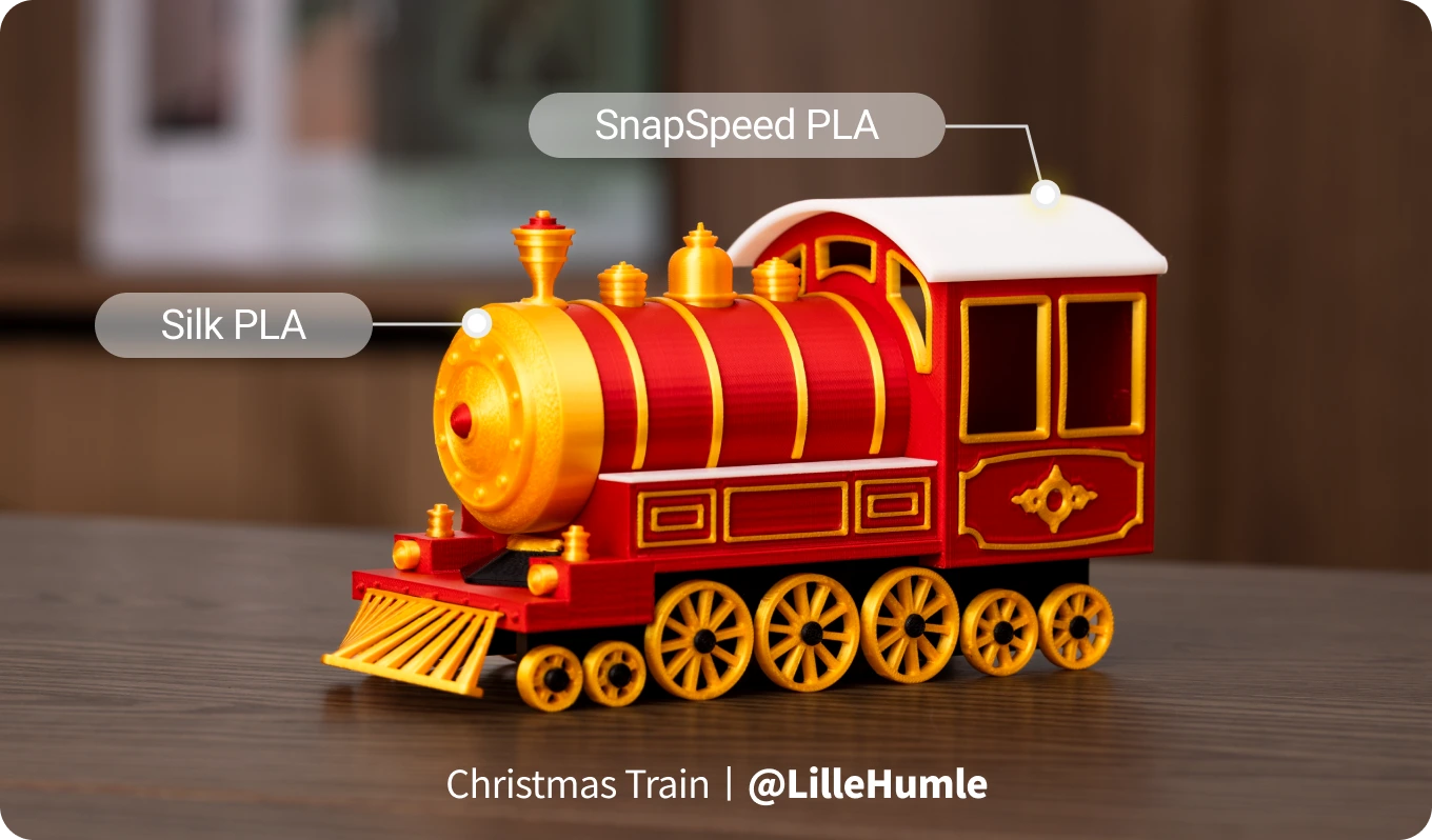 Colorful toy train model on a table with labels.