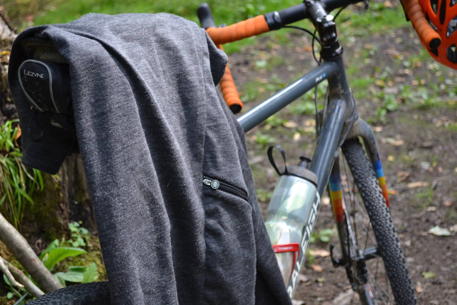 Merino Wool Pullover drapped over a bike