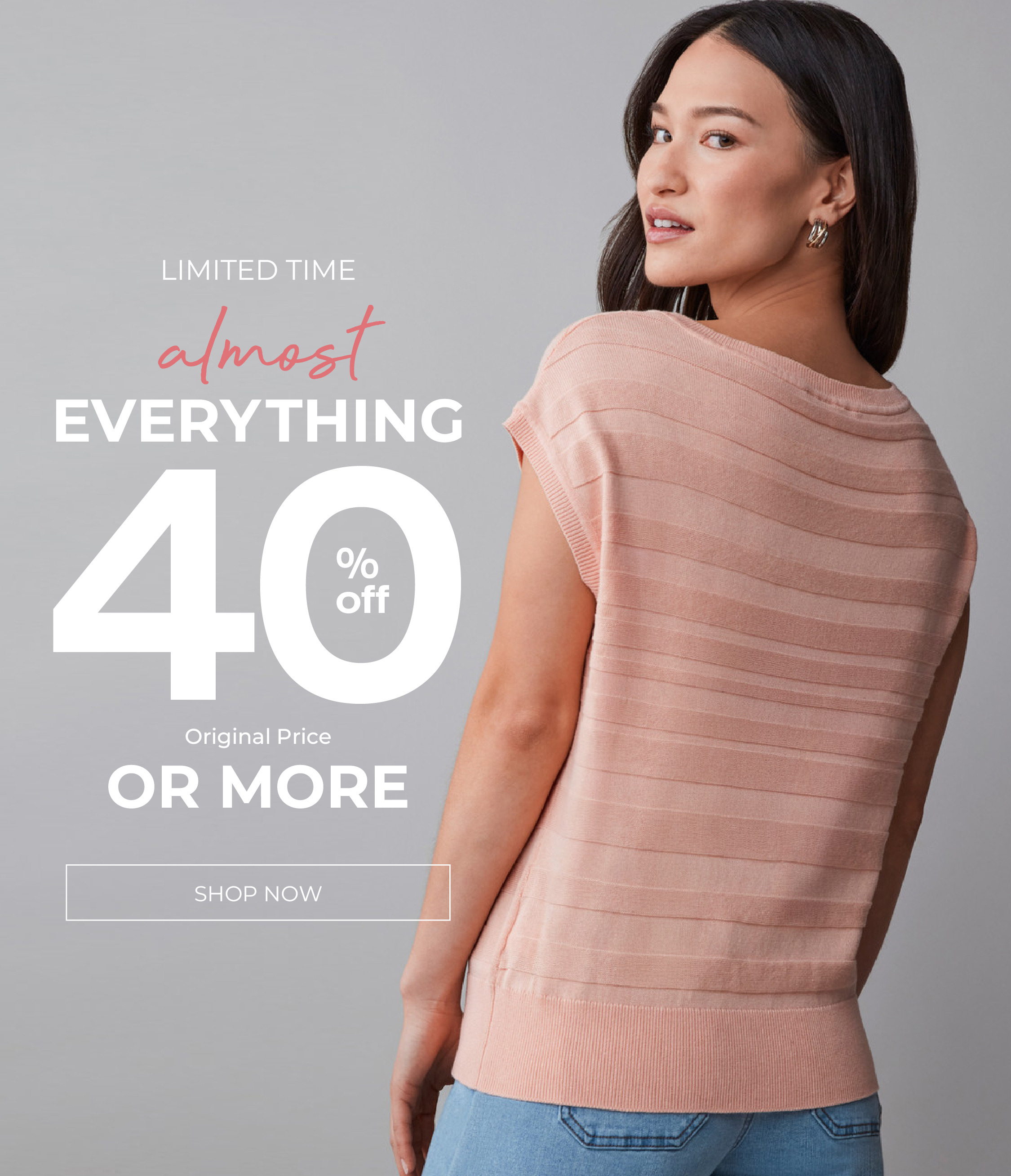 Woman wearing a pink top, promoting a sale of 40% off.
