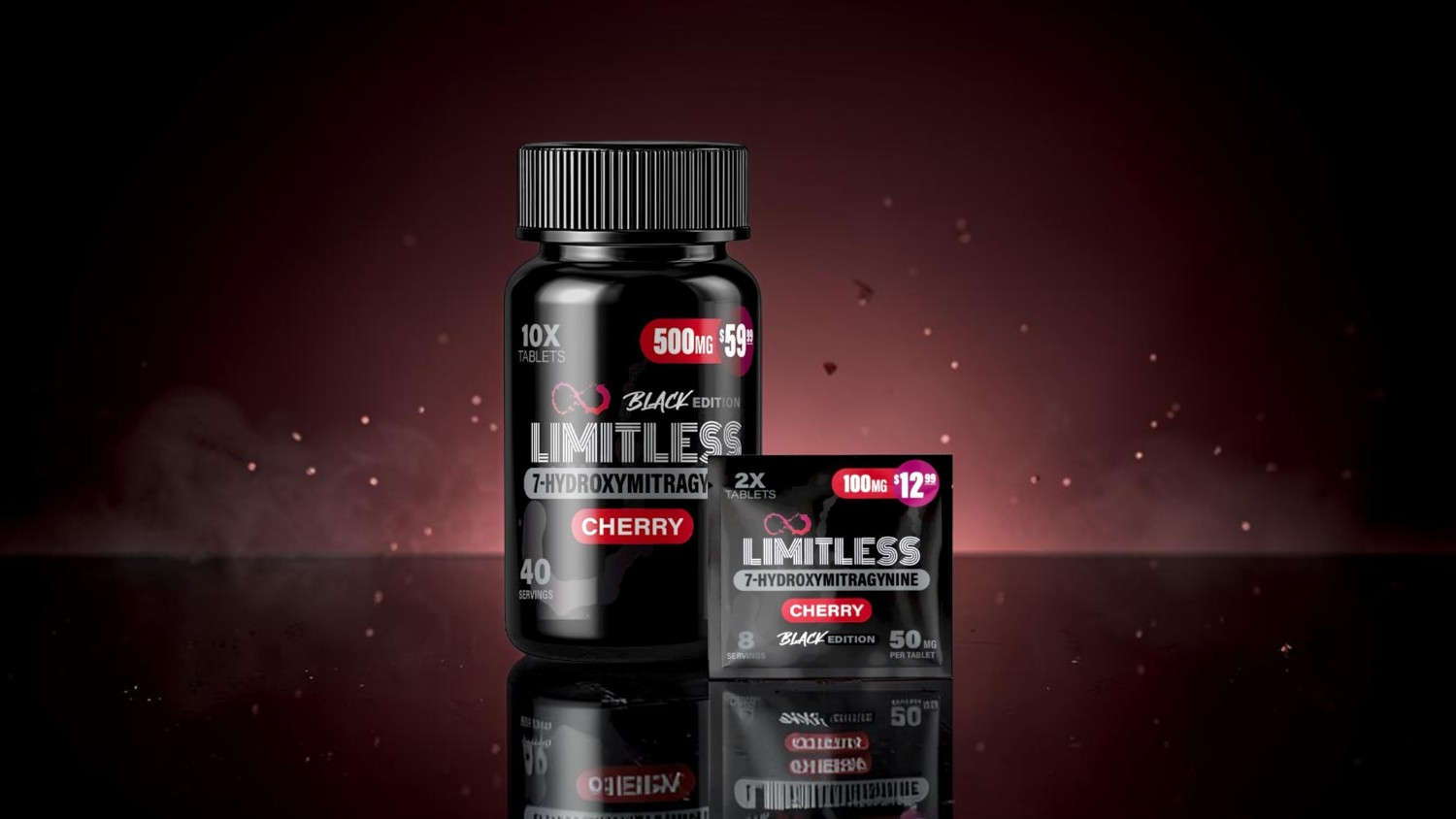 Bottle and packet of dietary supplement against a dark background.