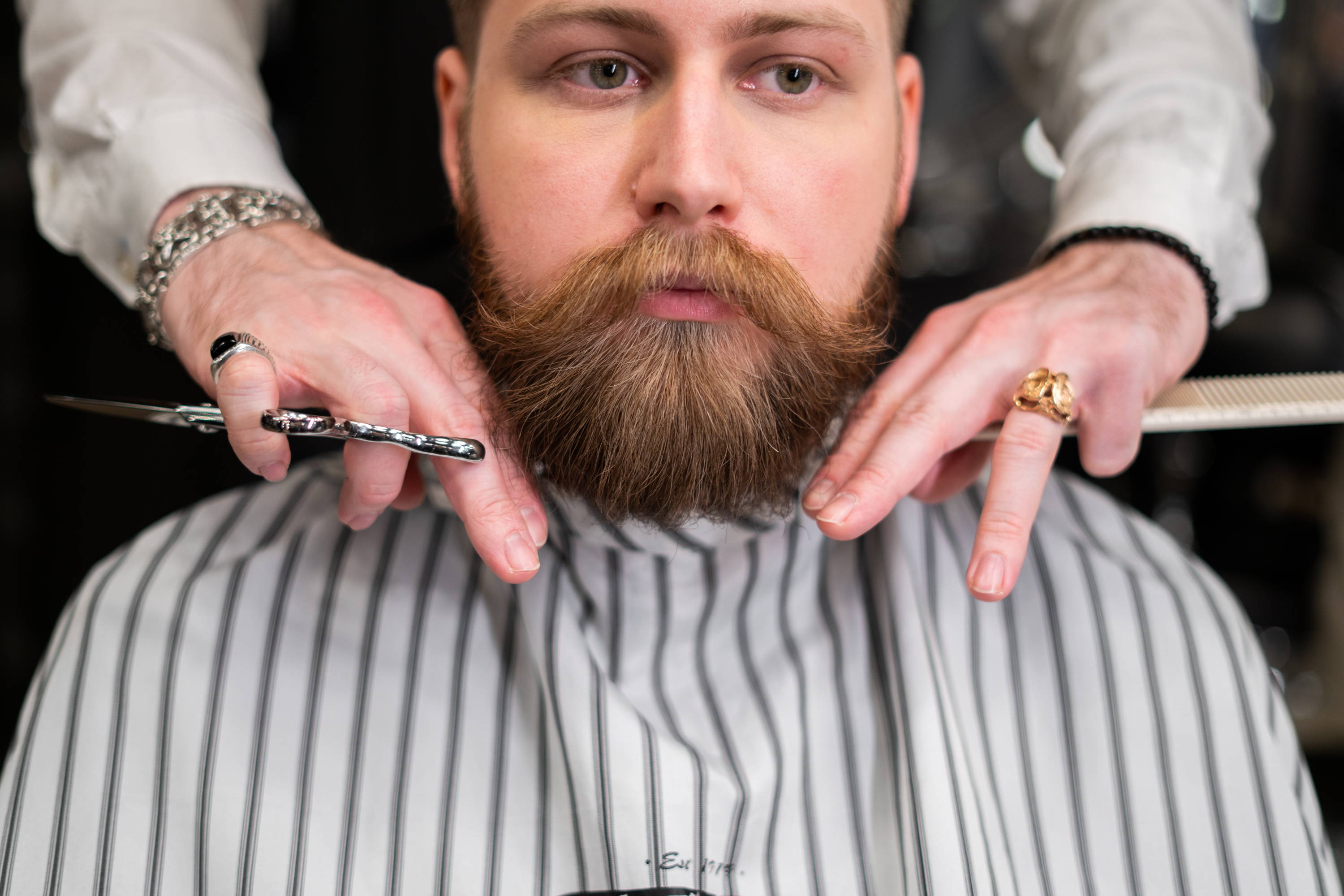 a man grooming his facial hair and beard