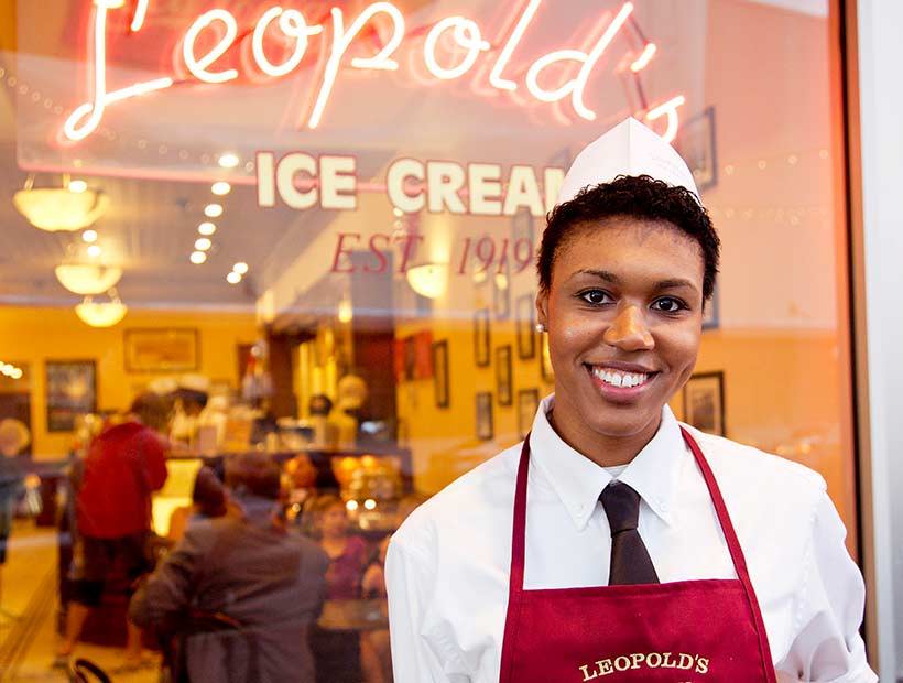 Soda jerk at Leopold's Ice Cream wearing a black necktie