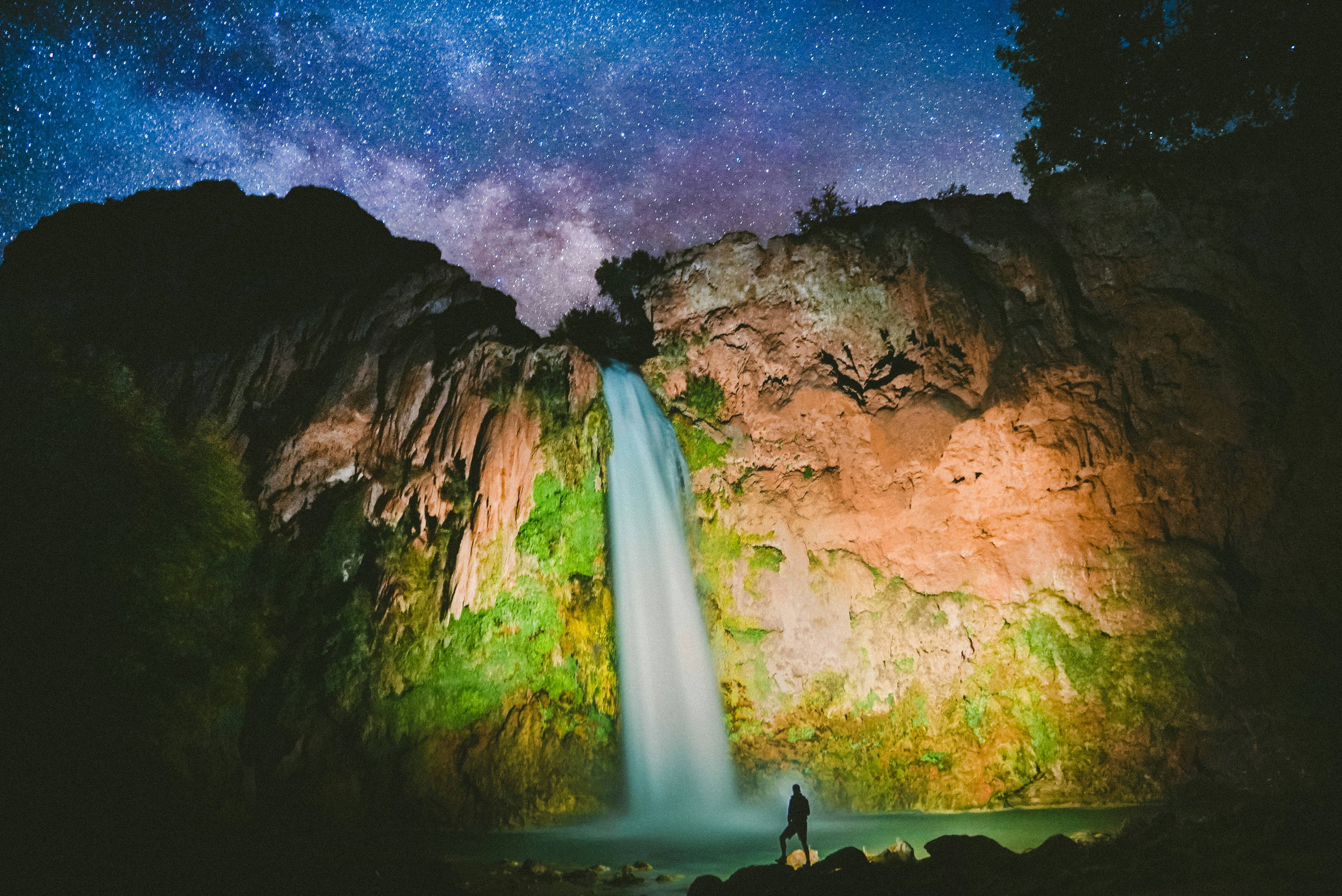 Astrophotography of Grand Canyon National Park night sky & waterfall.