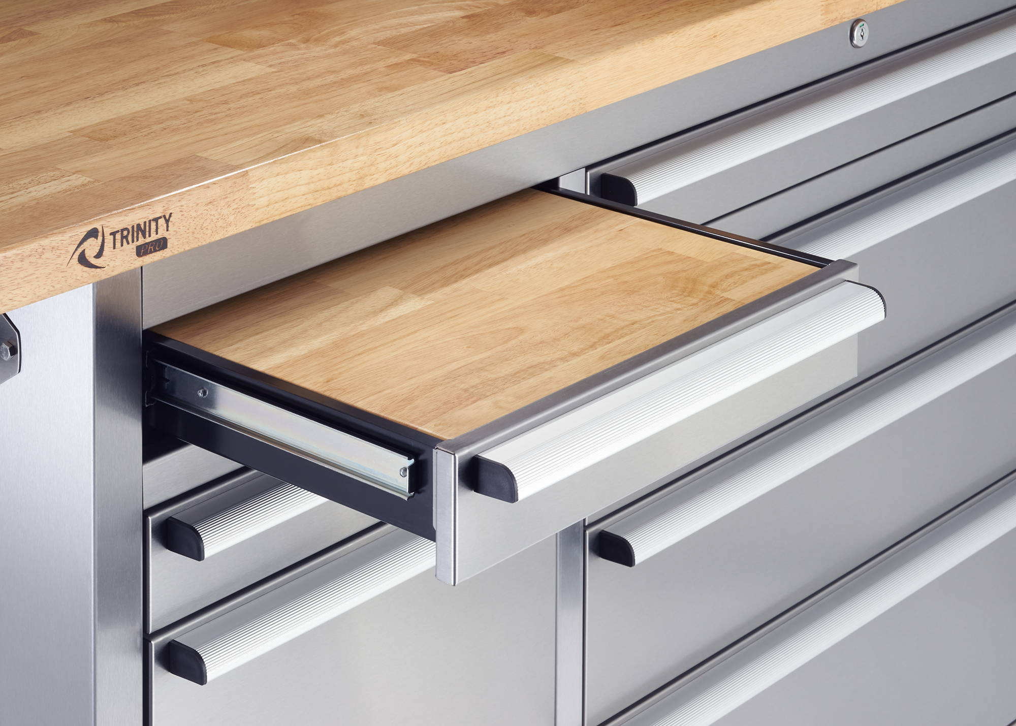 drawer with wood inserts acting as additional work surface