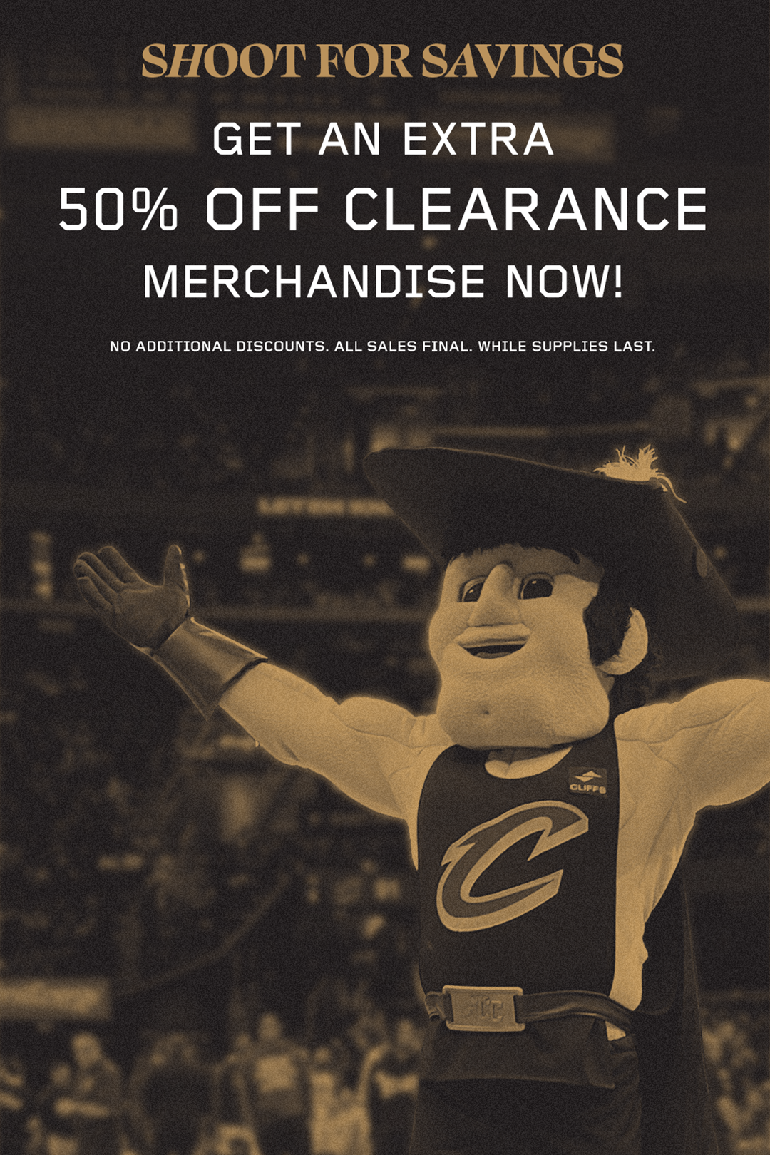 Promotional poster for clearance sale with mascot and discount offer.