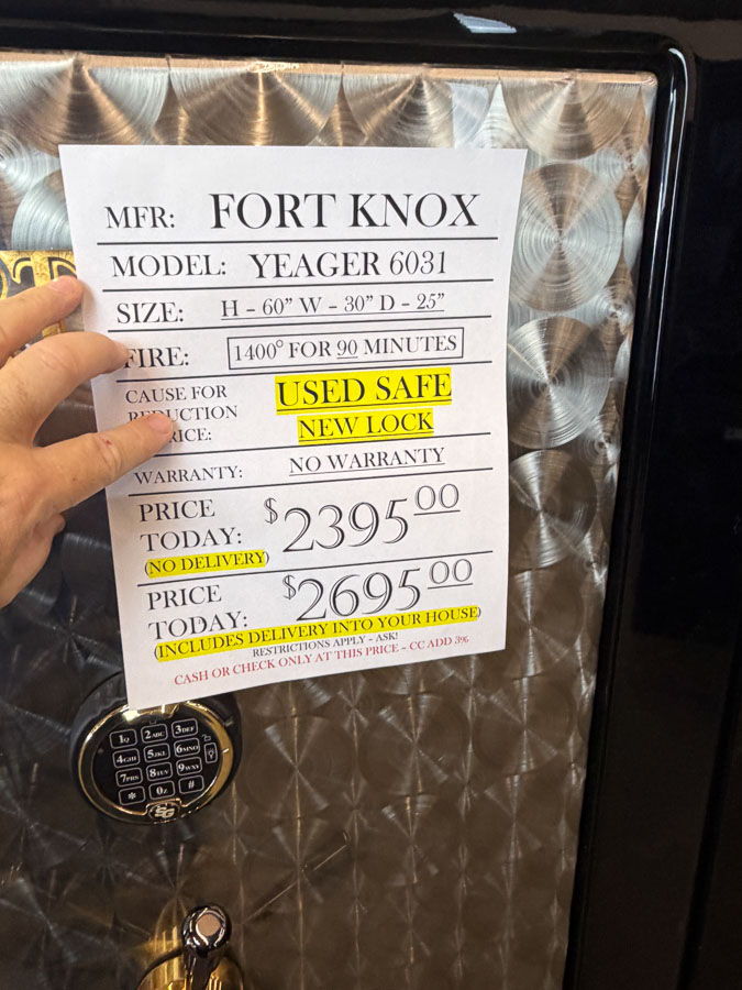 FORT KNOX YEAGER 6031 gun safe exterior with sale price tag on door - SES spring cleaning sale