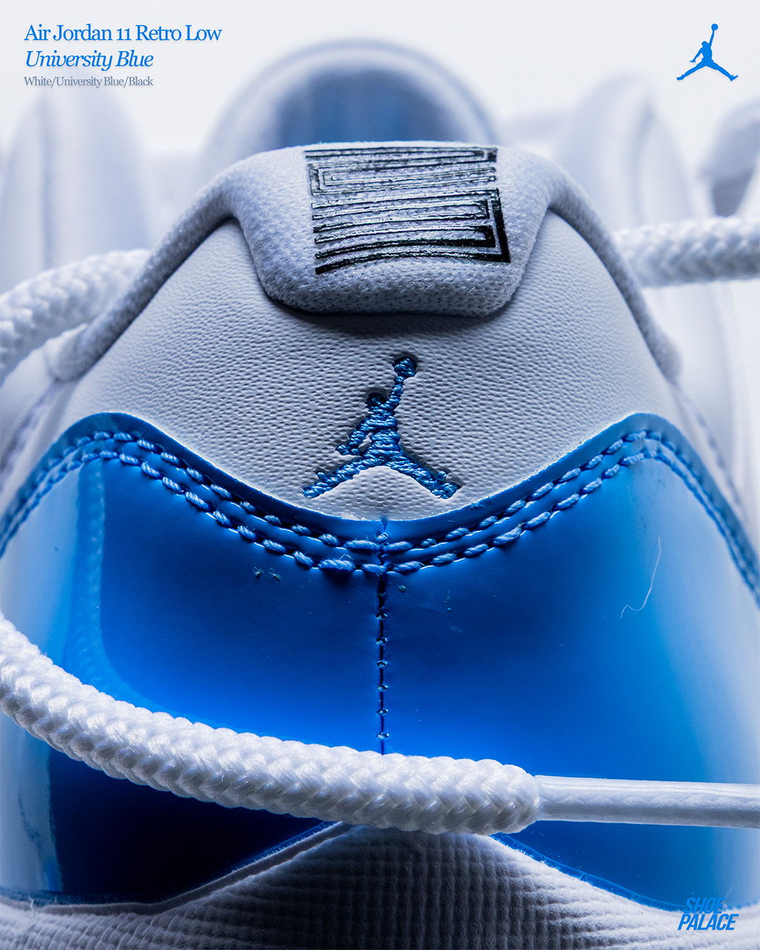Air Jordan 11 Retro Low in University Blue, featuring the Jumpman logo.