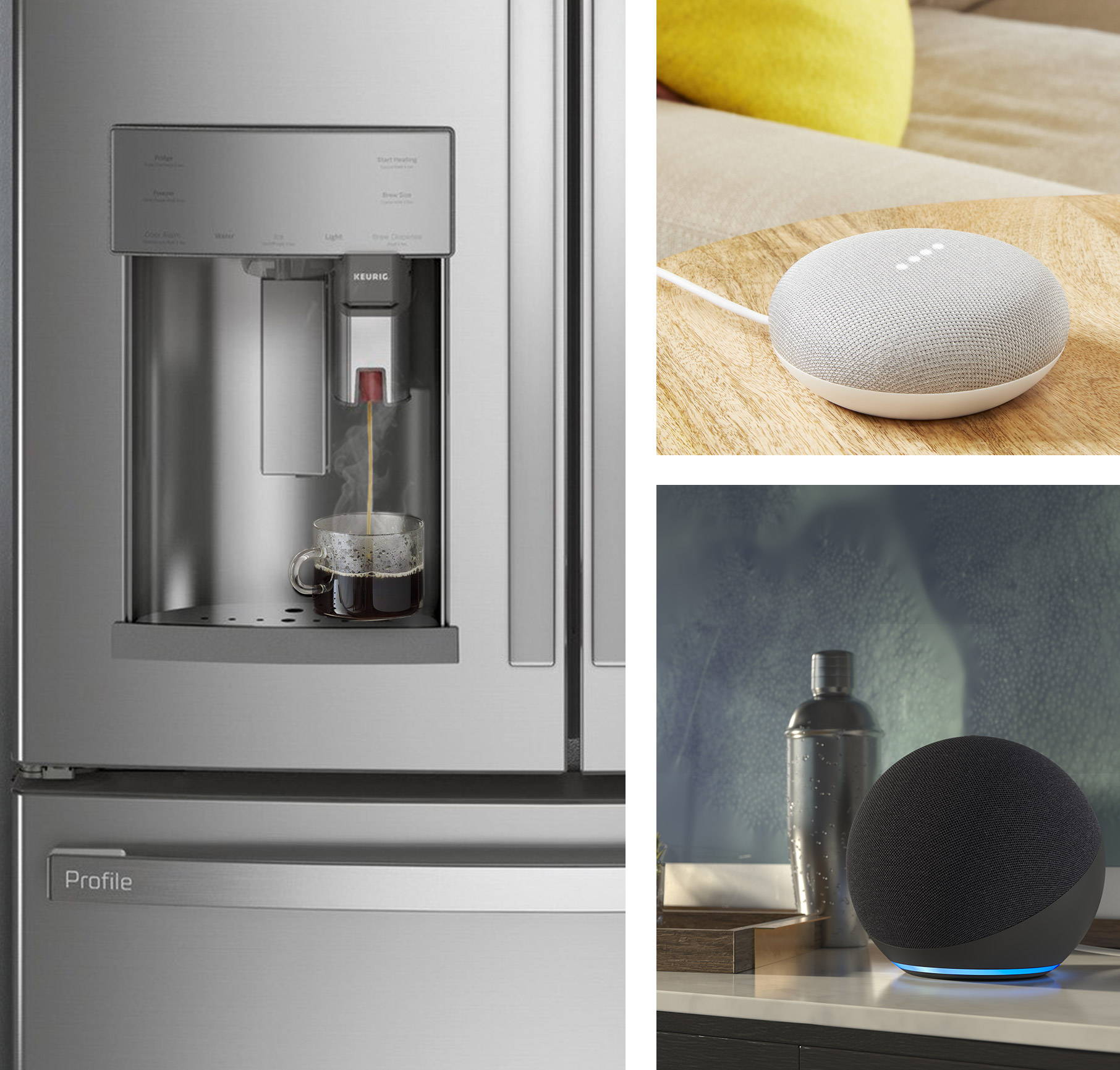 Grid image of refrigerator with k-cup, dispensing hot coffee,  Amazon echo dot and Google home smart assistants.