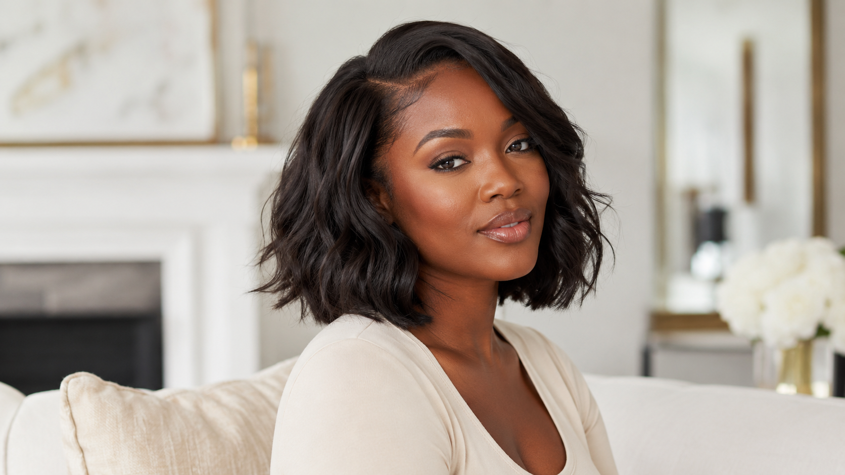 A woman with short, wavy hair sitting in a bright, modern room.