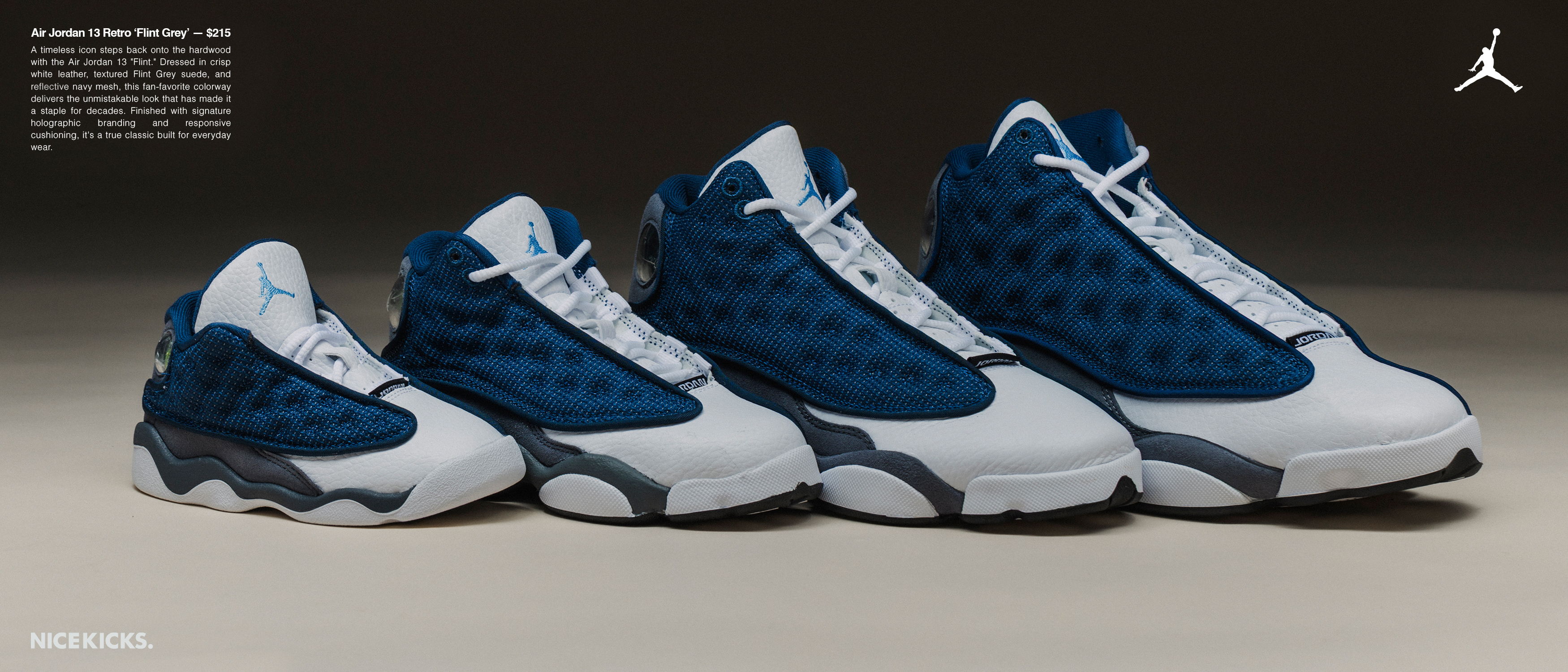Four pairs of blue and white Air Jordan 13 sneakers in different sizes.