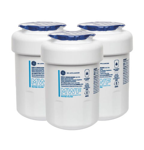 Three white water filter cartridges with blue lids.