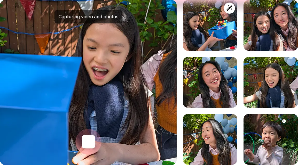 Child excitedly opening a blue box, surrounded by festive decorations and friends.