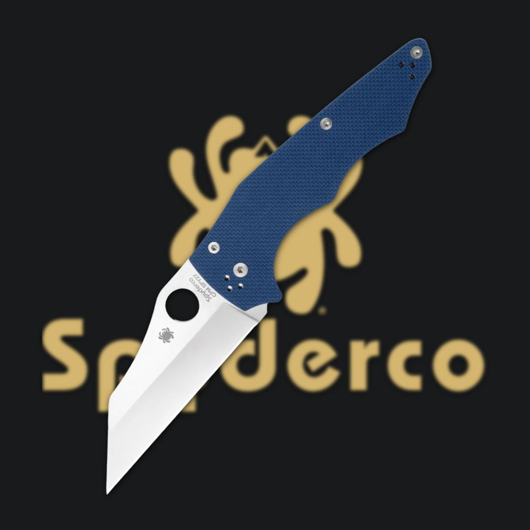 A blue folding knife with a stainless steel blade on a black background.