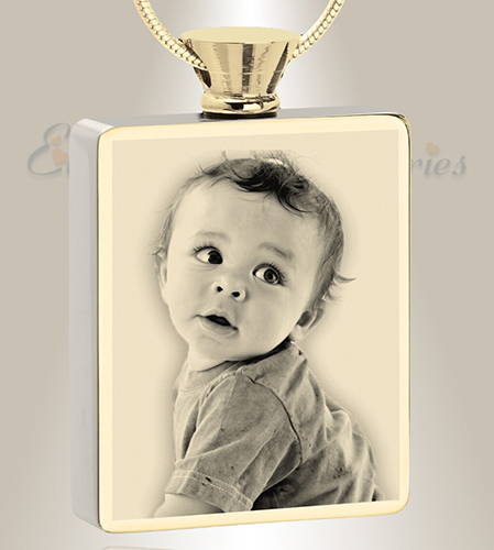 Gold Rectangle Photo Engraved Cremation Jewelry