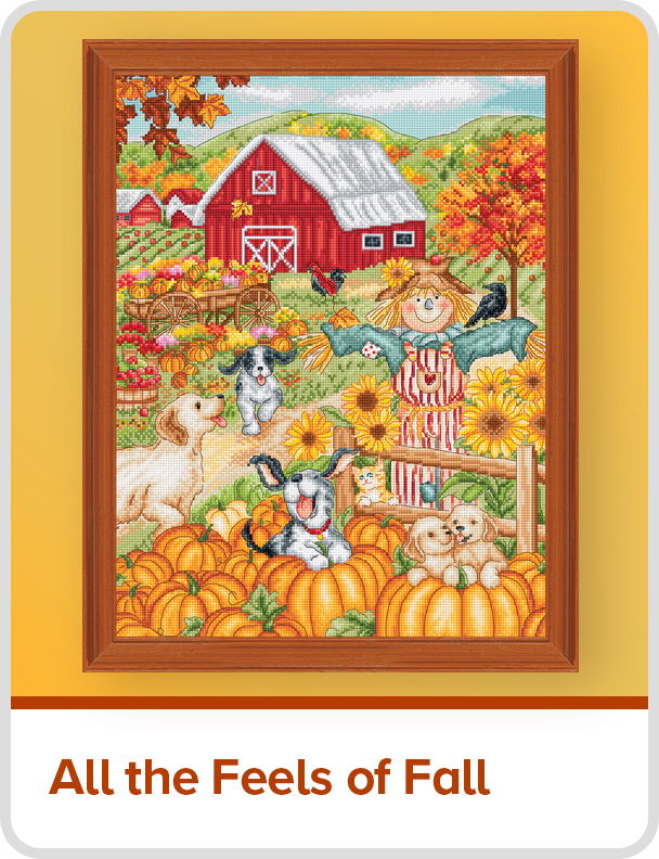 A colorful autumn cross-stitch design with a barn, pumpkins, and farm animals. - All the Feels of Fall