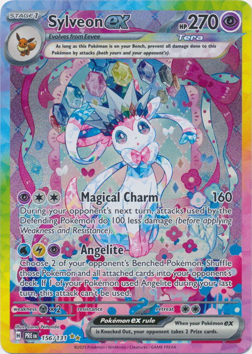 Sylveon ex Pokémon card with colorful design and attack details.
