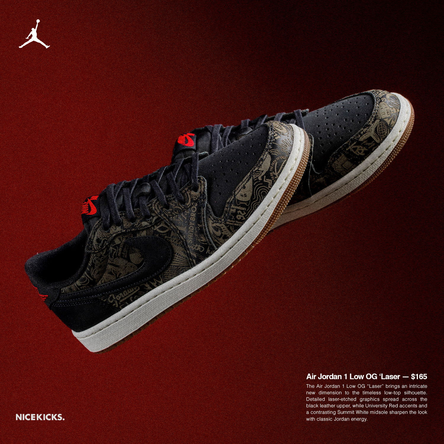 Air Jordan 1 Low OG sneaker with black and red design on a gradient background.