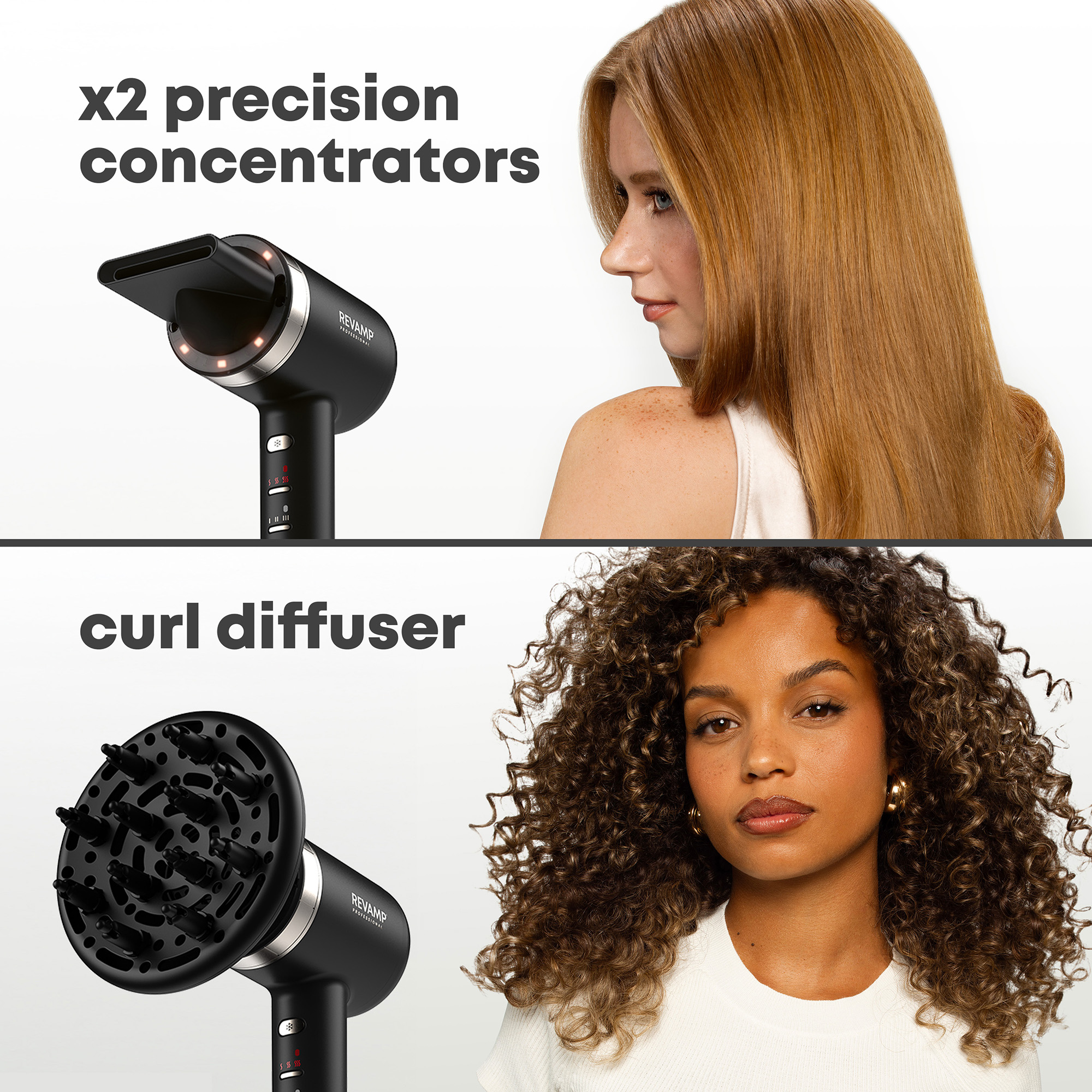 Hair dryer attachments: precision concentrators and curl diffuser with models.