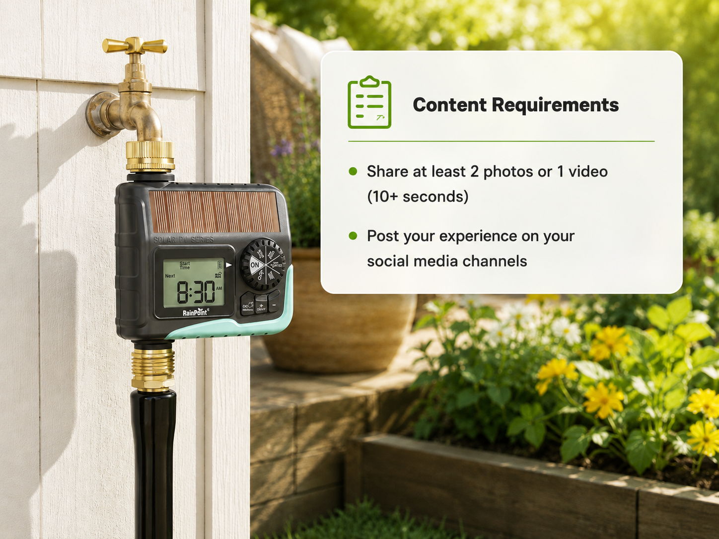 Watering timer attached to a hose, with content requirements displayed.
