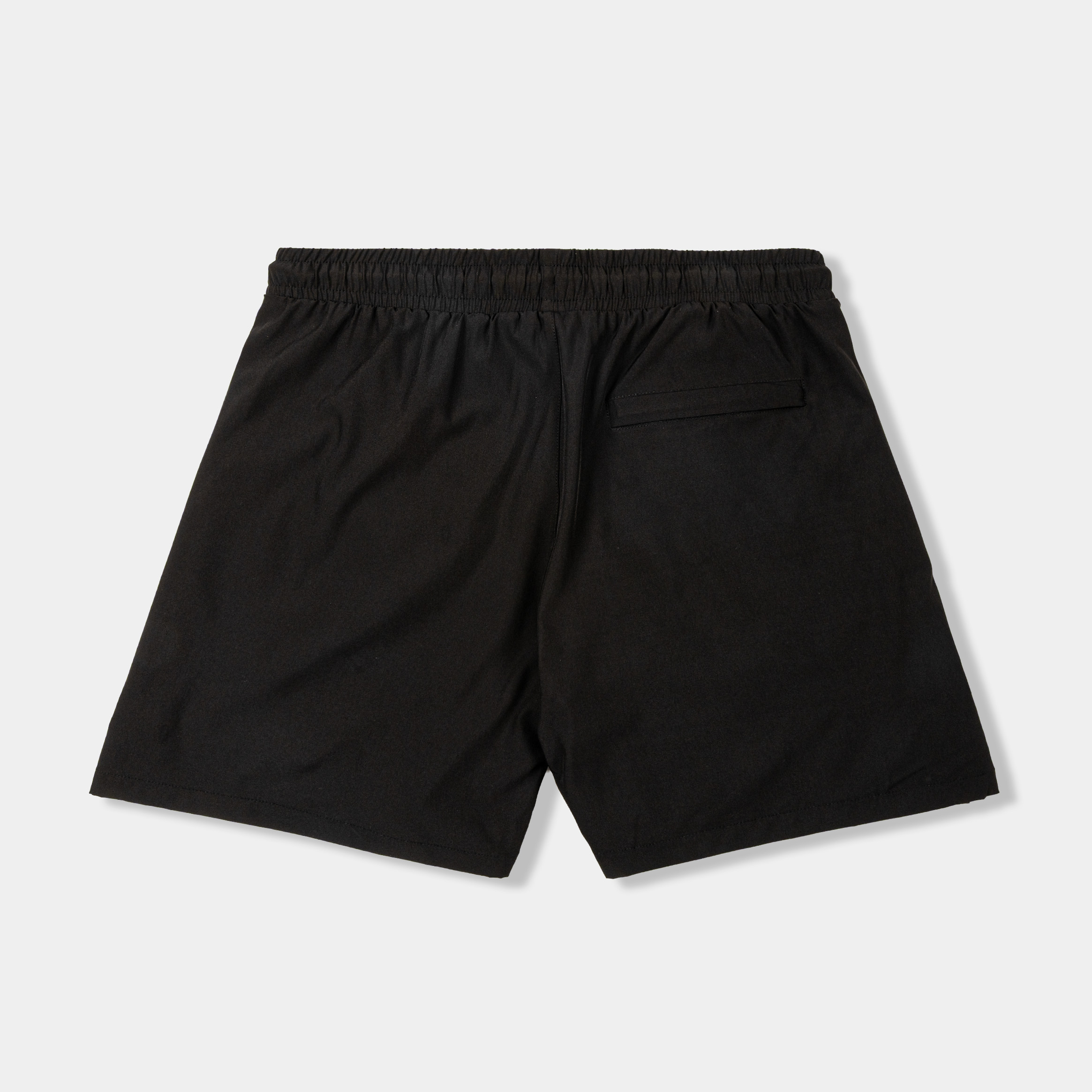 Black shorts with a religious image of a woman on the side.