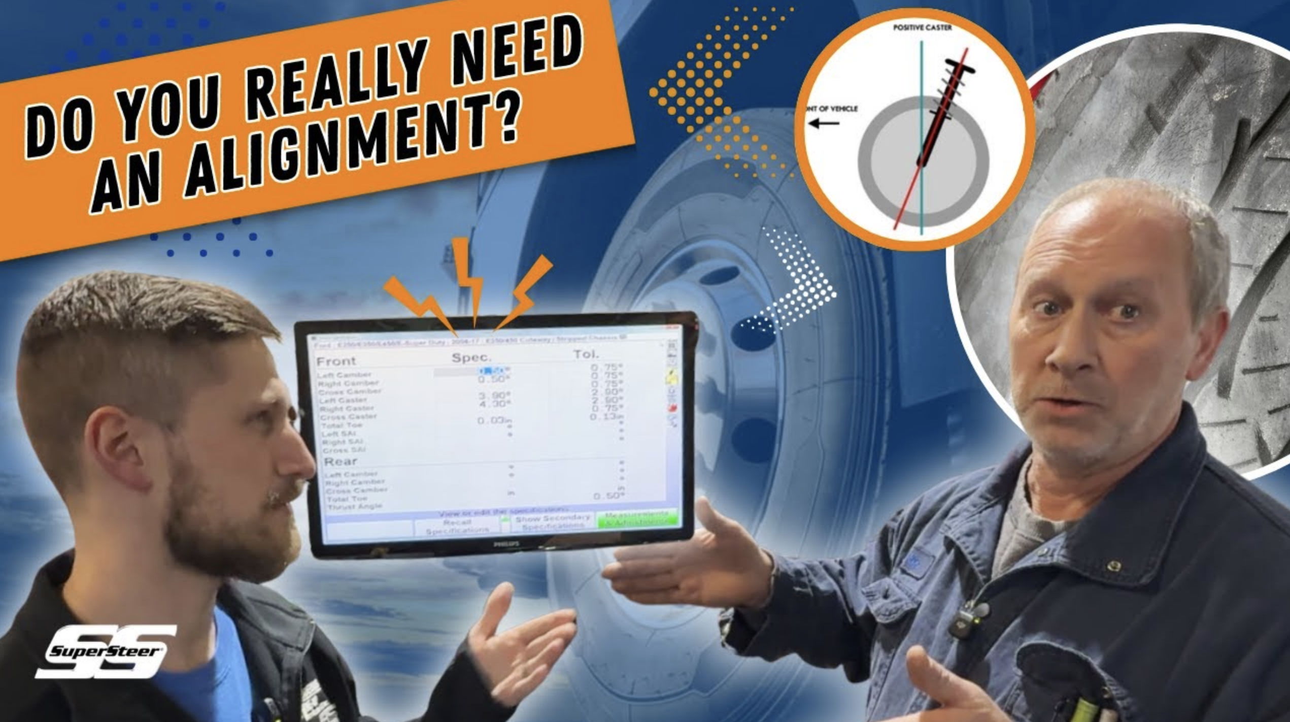 Two men discussing wheel alignment with a computer screen and graphics.