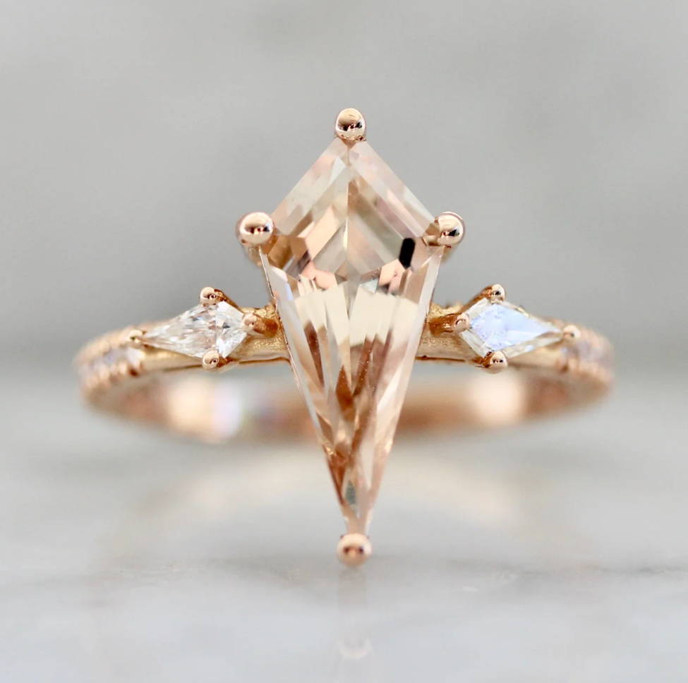 Kite Shaped Morganite Ring with Diamond Sides