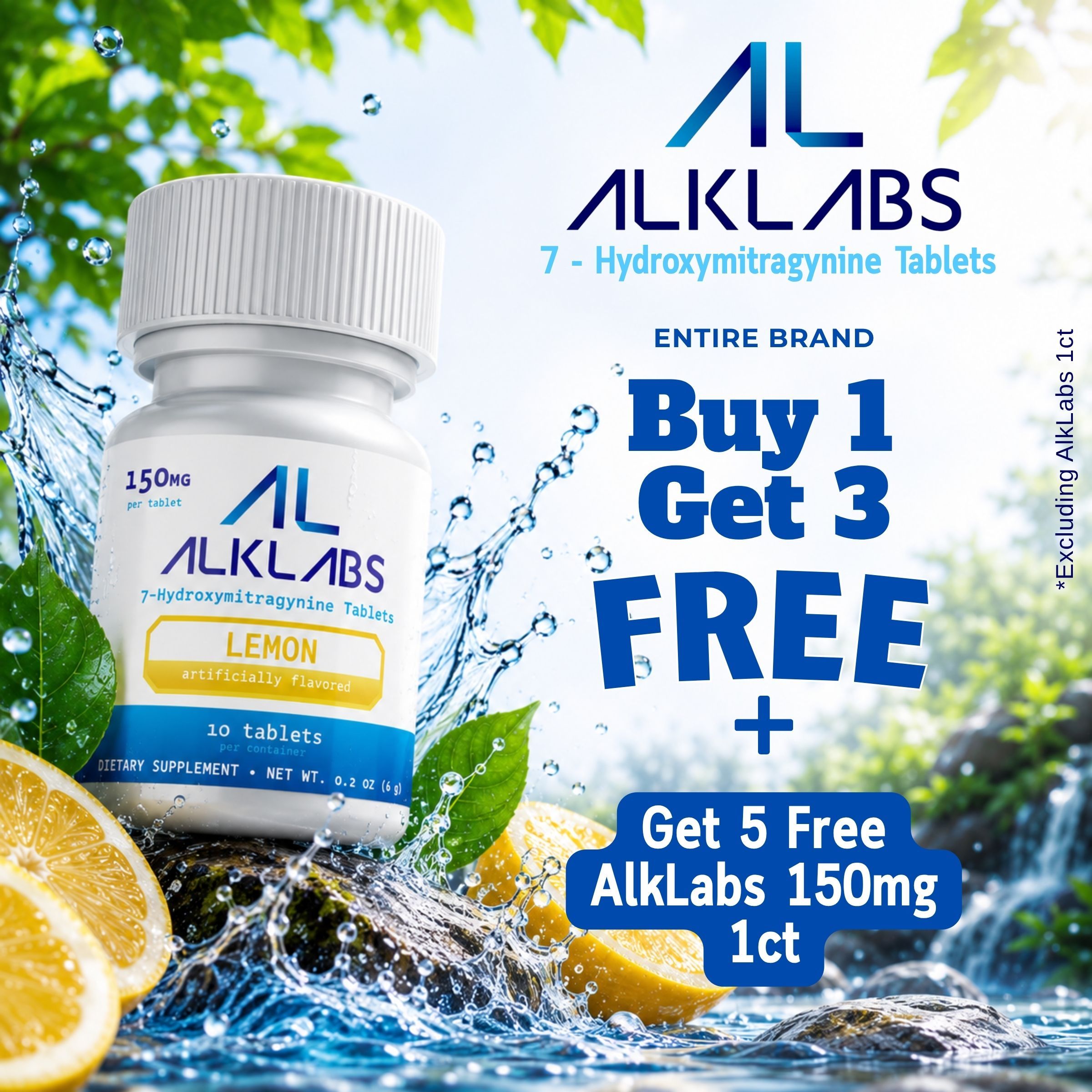 Bottle of ALKLABS tablets with promotional text and lemon slices.