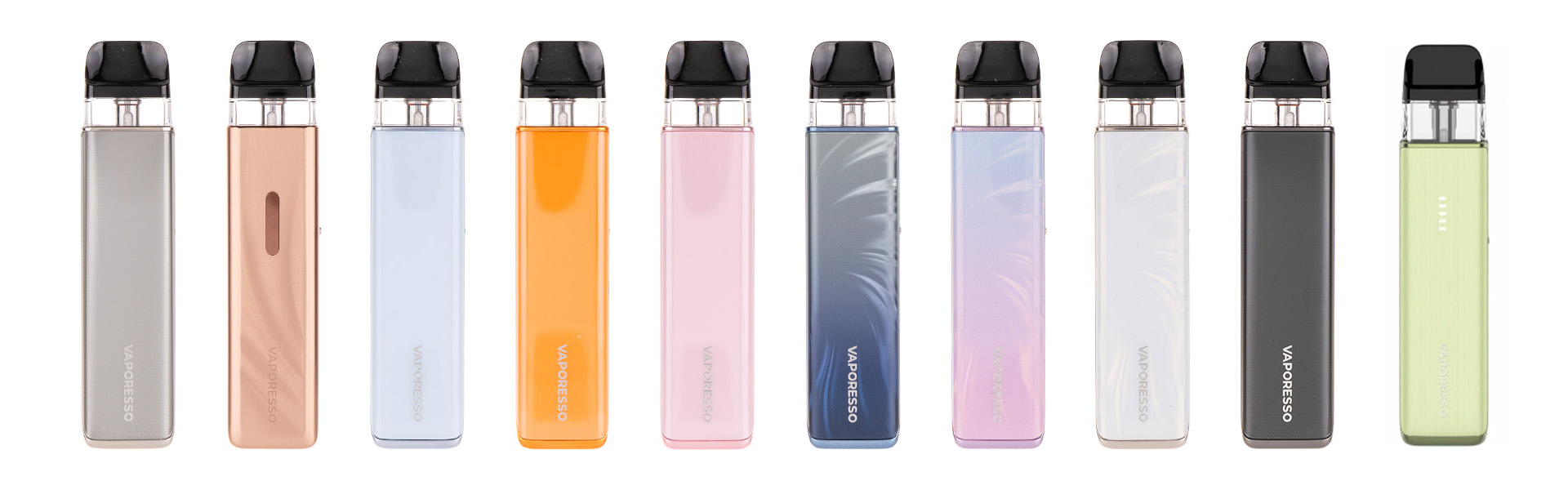 A picture of ten colourful vape devices arranged in a row on a white background.